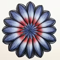 a very large blue flower with red and white petals