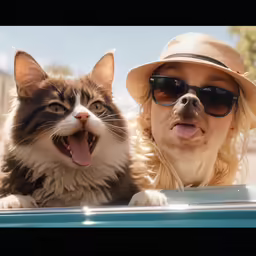 two cats pose together while one is in the drivers seat