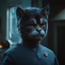 a large cat with orange eyes and blue clothes
