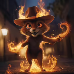 a cat in a hat standing on fire on a street