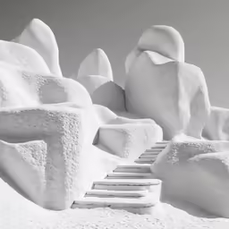 stairs lead down to a snow sculpture on the side of a building