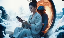 two asian people wearing robes look at their devices