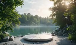 a large round stone sitting on the shore of a lake