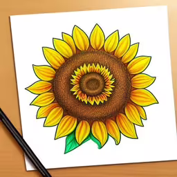 the design is drawn on paper of a yellow sunflower,a drawing of a sunflower sitting on top of a table