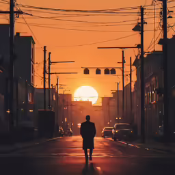 a man is walking down the street during sunset
