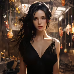 a woman standing in a room filled with chandeliers