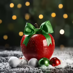 an apple is set on a snowy surface and a green ribbon