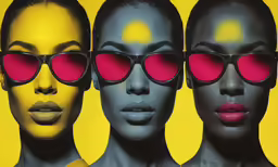three women in red, yellow and grey with the color changing glasses