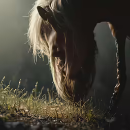 a horse is in the field with its head down