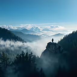 a man standing on top of a mountain surrounded by fog