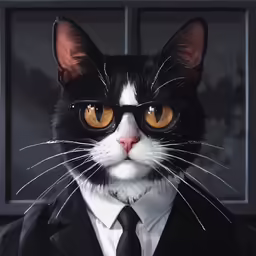 black and white cat in a tuxedo with yellow eyes