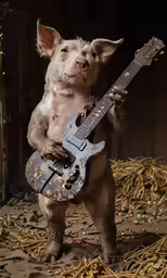 a small pig that is playing a guitar