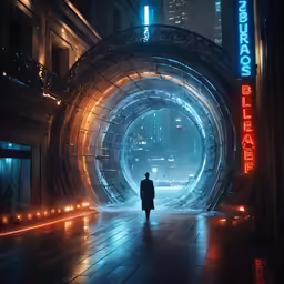 a man in black coat standing in an industrial tunnel