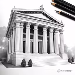 pencil drawing of an architectural structure with large pillars