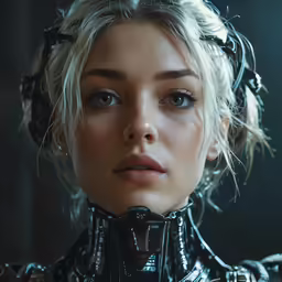 a woman with metal dress in a dark place