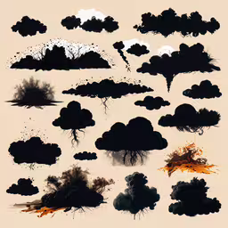 some black and white clouds with a black and yellow line,black clouds with orange splatches are being drawn on a beige background