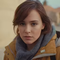 a woman standing in front of a building, with a brown coat on and her hair up