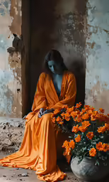 a woman in a long dress next to orange flowers
