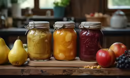 a wooden table topped with jars and fruit