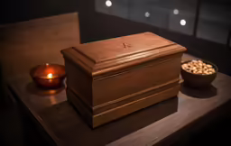 wooden box, bowl, candle and decorative items on a table