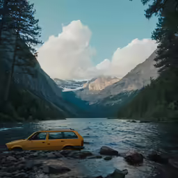 a car driving down a river next to a mountain