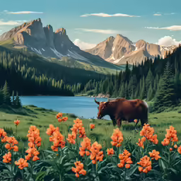 an ox stands in the field near a mountain lake