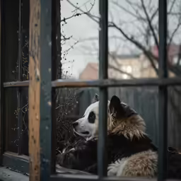 a dog sits in front of a window with a small branch in his lap