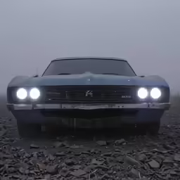 this car is parked on the ground in front of a pile of gravel