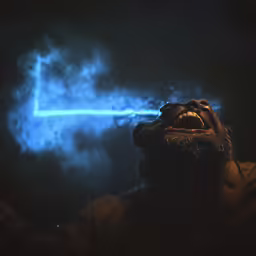 a man is in the darkness with a black light