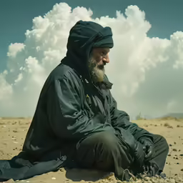a bearded man is sitting down in the desert
