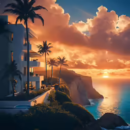 palm trees overlook the ocean at sunset