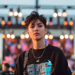 the young woman holds a cup and stands in front of a stage
