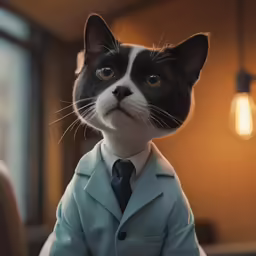a black and white cat dressed in a coat and tie