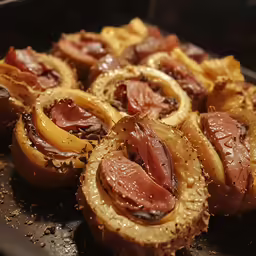 an image of a hot dog pinwheels and onions on baking sheet