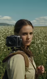 a young woman standing in a field holding a camera