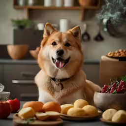 a dog sitting at a table in front of plates and bowls of food