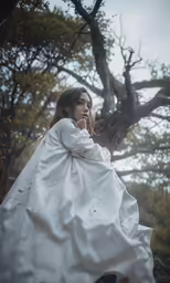 a woman in a wedding dress leaning on a tree
