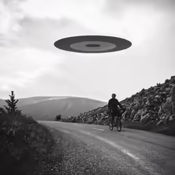 a person on a bike riding towards an object flying above the road