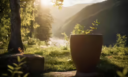 a stone bench overlooking a river and some trees