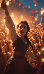 a young girl is holding her arms out with many fireworks