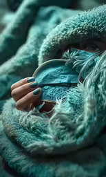 a doll in a turquoise blanket holding an eyeglass
