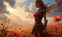 the woman is walking through the field with flowers