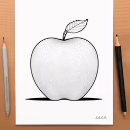 an apple with a leaf on the top,a drawing of a red apple on paper and a pen