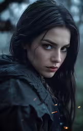 a woman with blue eyes looks into the distance