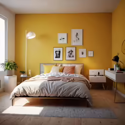 a bedroom with a bed and several pictures on the wall