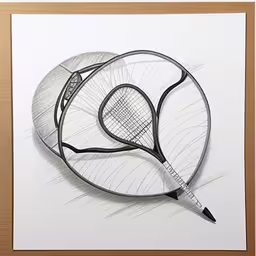 a pencil drawing of a tennis racket and ball,a drawing of a tennis racket leaning against a wall,a pencil drawing of a tennis racket and ball,an artistic drawing of a tennis racket,a drawing of a badminton racket and ball