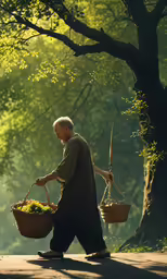 an elderly man is walking and holding a basket with green leaves