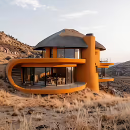 a orange building is on top of an outside hill