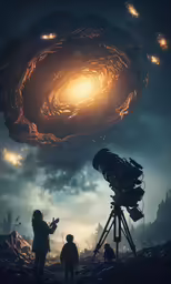 an image of people near a telescope and a spiral of light