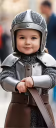 a small boy wearing a knight costume with armor and sword